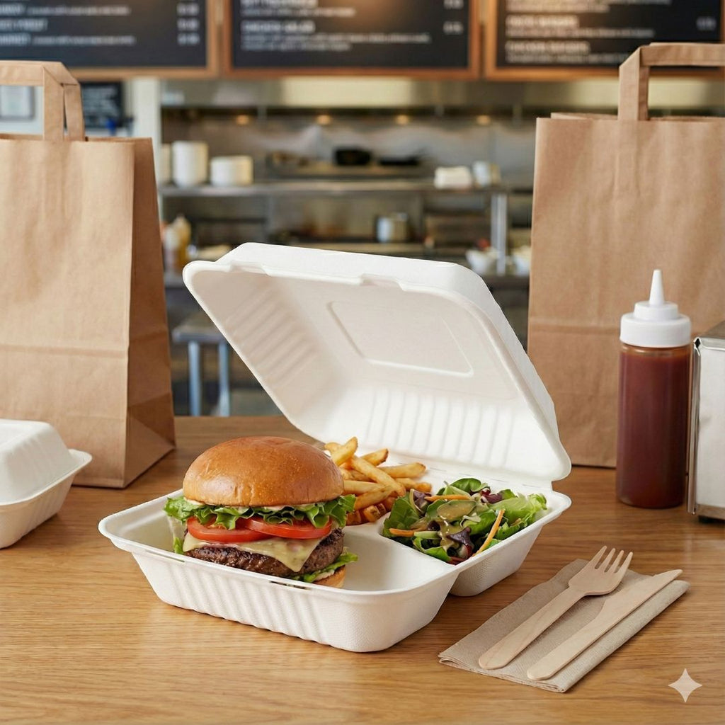 Compostable takeout container with burger, fries, and salad on a wooden table with brown paper bags and ketchup bottle in the background.