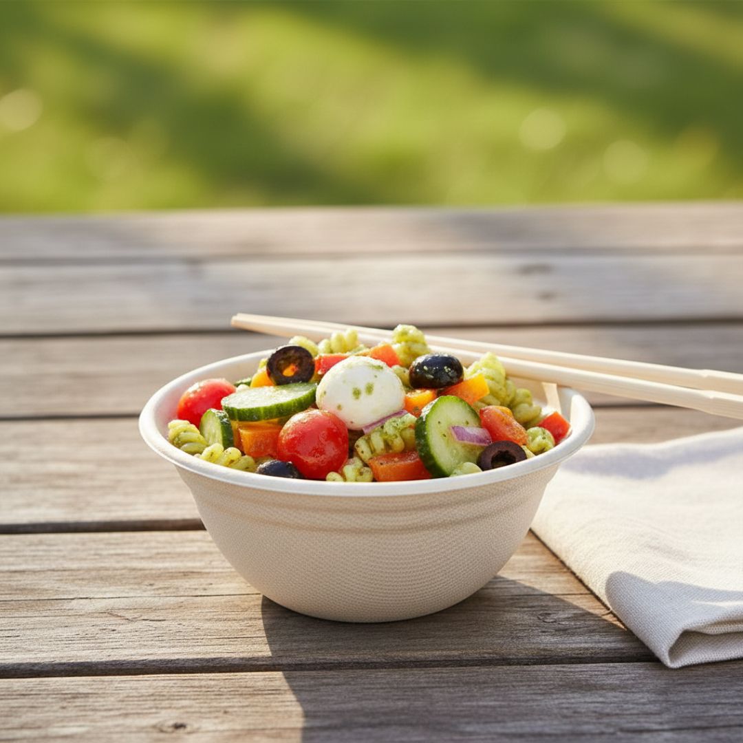 Colorful salad in a beige bowl on a wooden table with a blurred green background