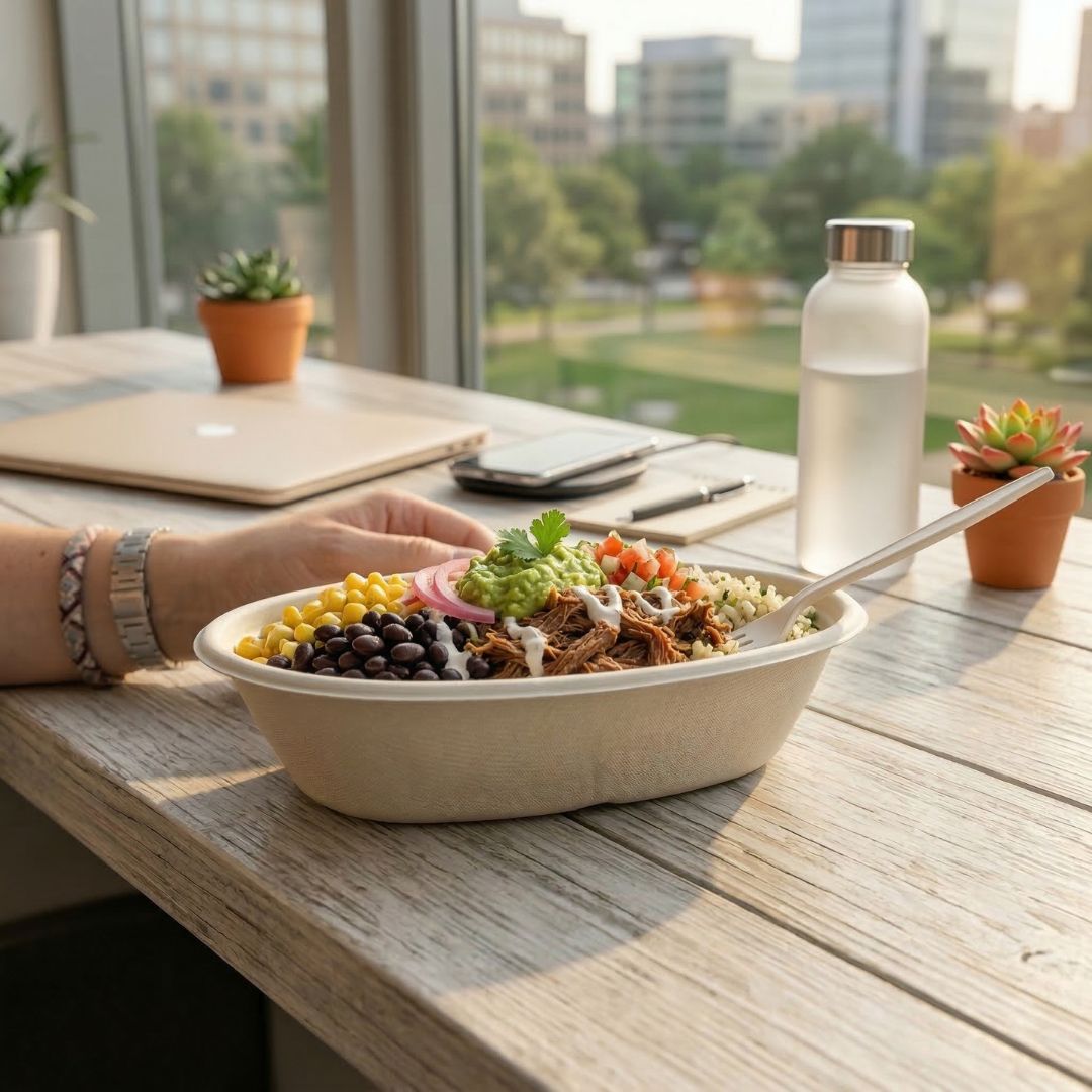 Fiber bowl of salad on a table with a cityscape view