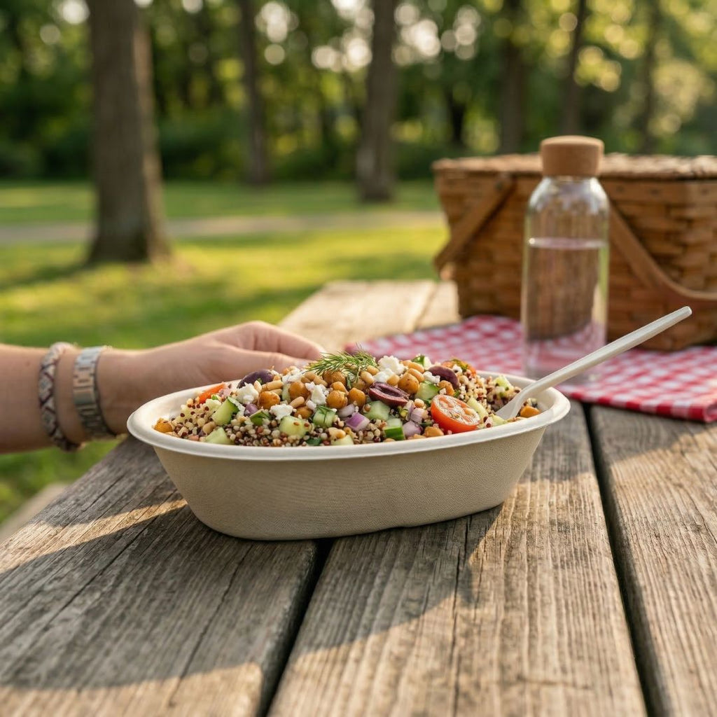 Burrito bowl of salad on a wooden table with a picnic setting in the background