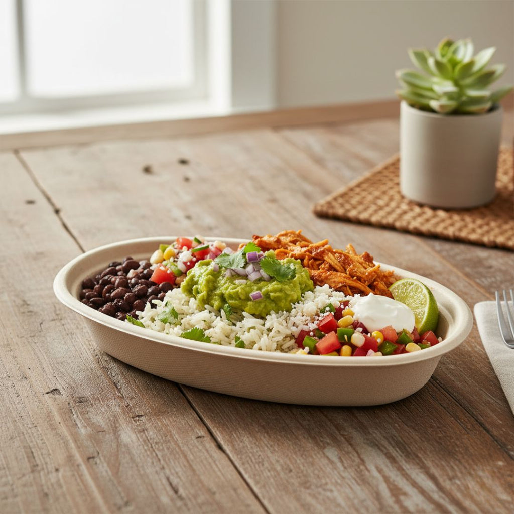 Colorful salad in a compostable fiber bowl on a wooden table with a plant in the background