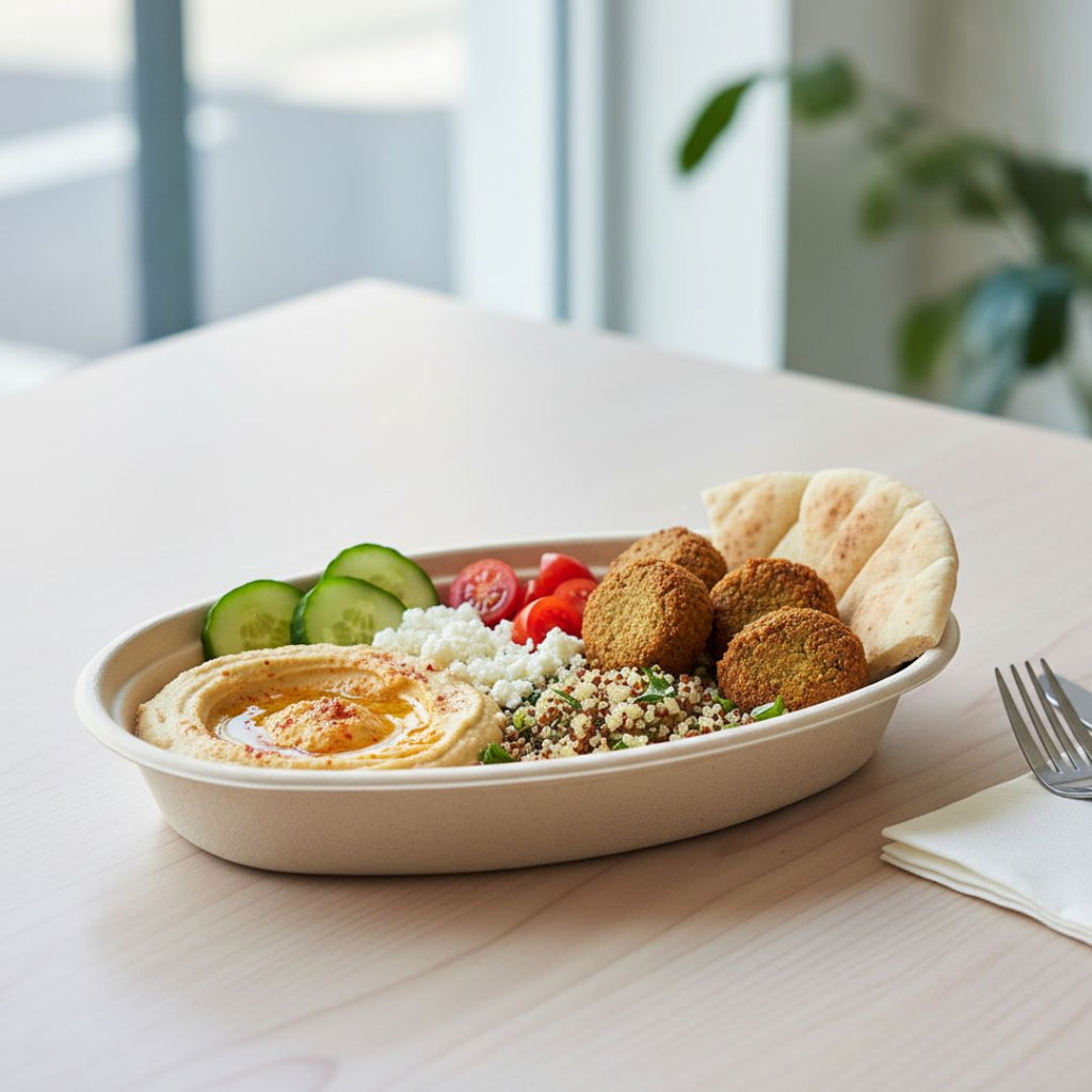 Compostable burrito bowl containing a meal with hummus, falafel, and vegetables on a table.