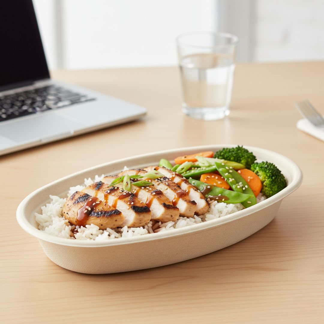 Bowl of food with rice and vegetables on a desk with a laptop and a glass of water.