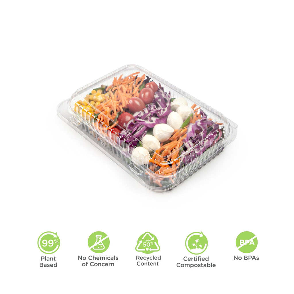 Compostable clear container with lid filled with food with product highlights listed.
