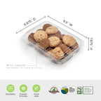 Technical drawing of clear container with lid noting the dimensions and product certifications for composting.