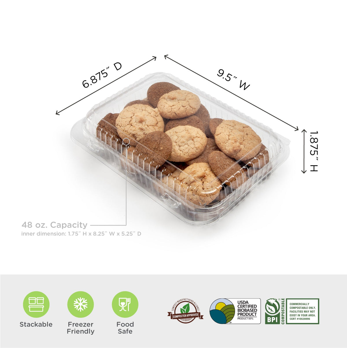 Technical drawing of clear container with lid noting the dimensions and product certifications for composting.