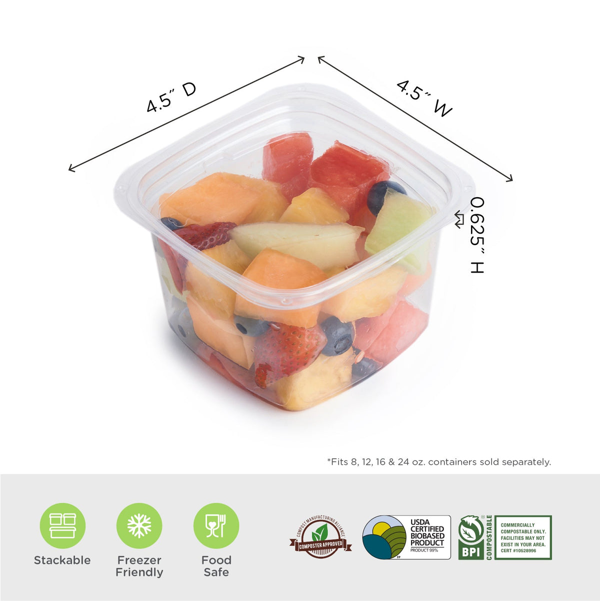 Lid for 8-24 oz Square Deli Containers | Compostable PLA