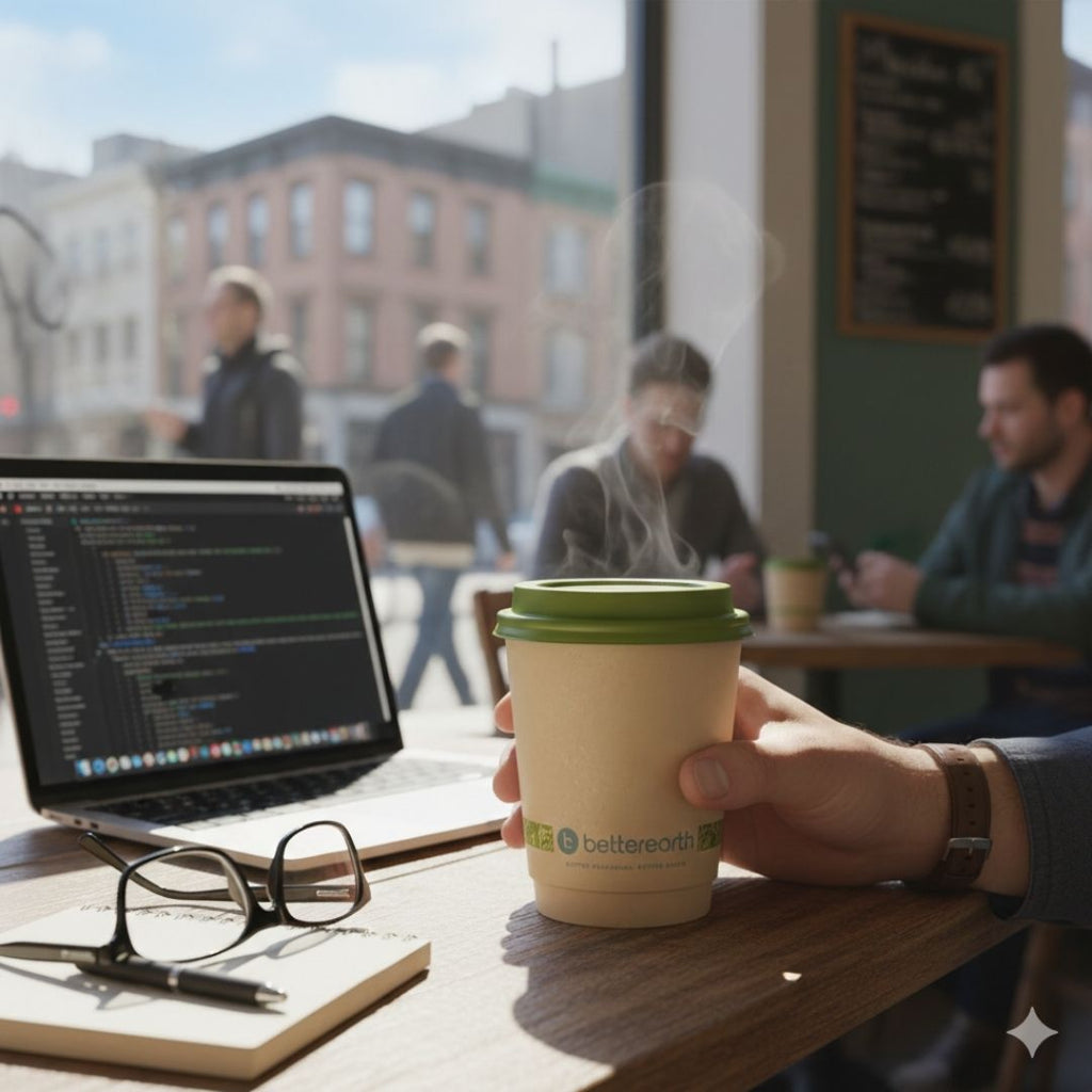 Person holding a coffee cup with a laptop and glasses on a table in a cafe.