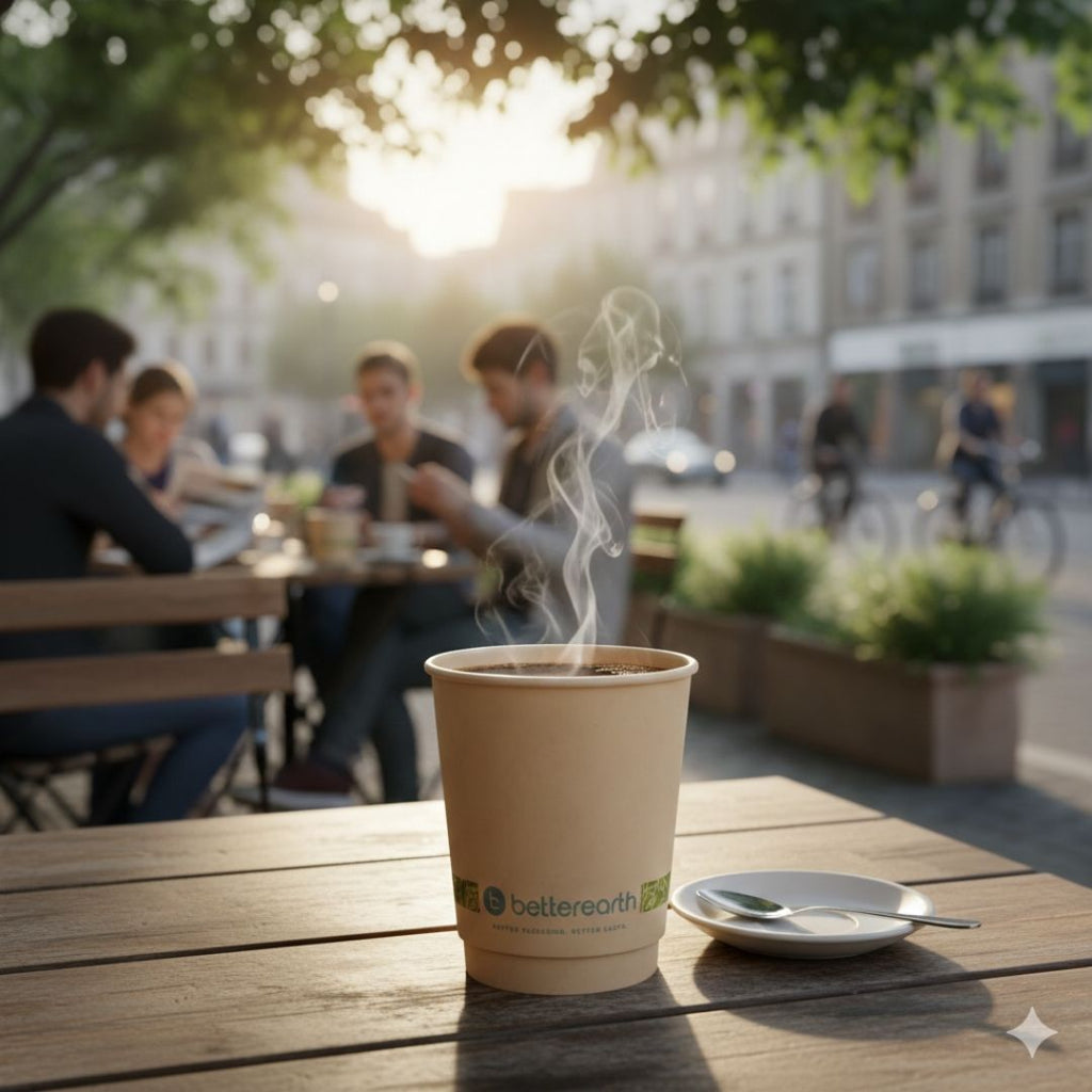 Steaming coffee cup on a wooden table with people in the background