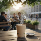 Steaming coffee cup on a wooden table with people in the background