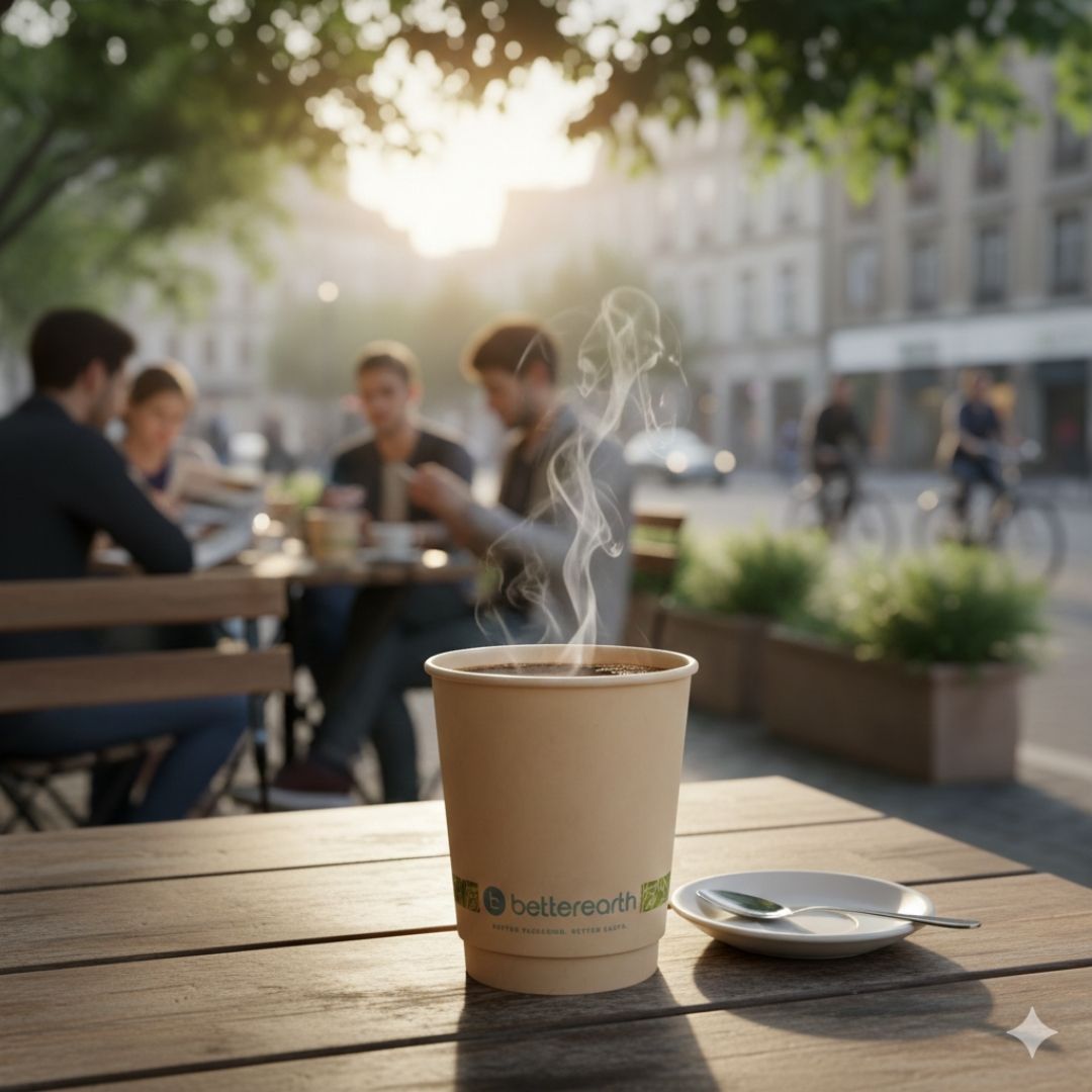 Steaming coffee cup on a wooden table with people in the background