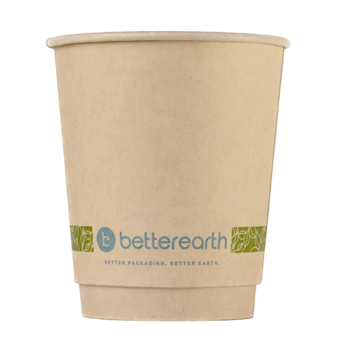 Brown paper cup with 'betterearth' branding on a white background