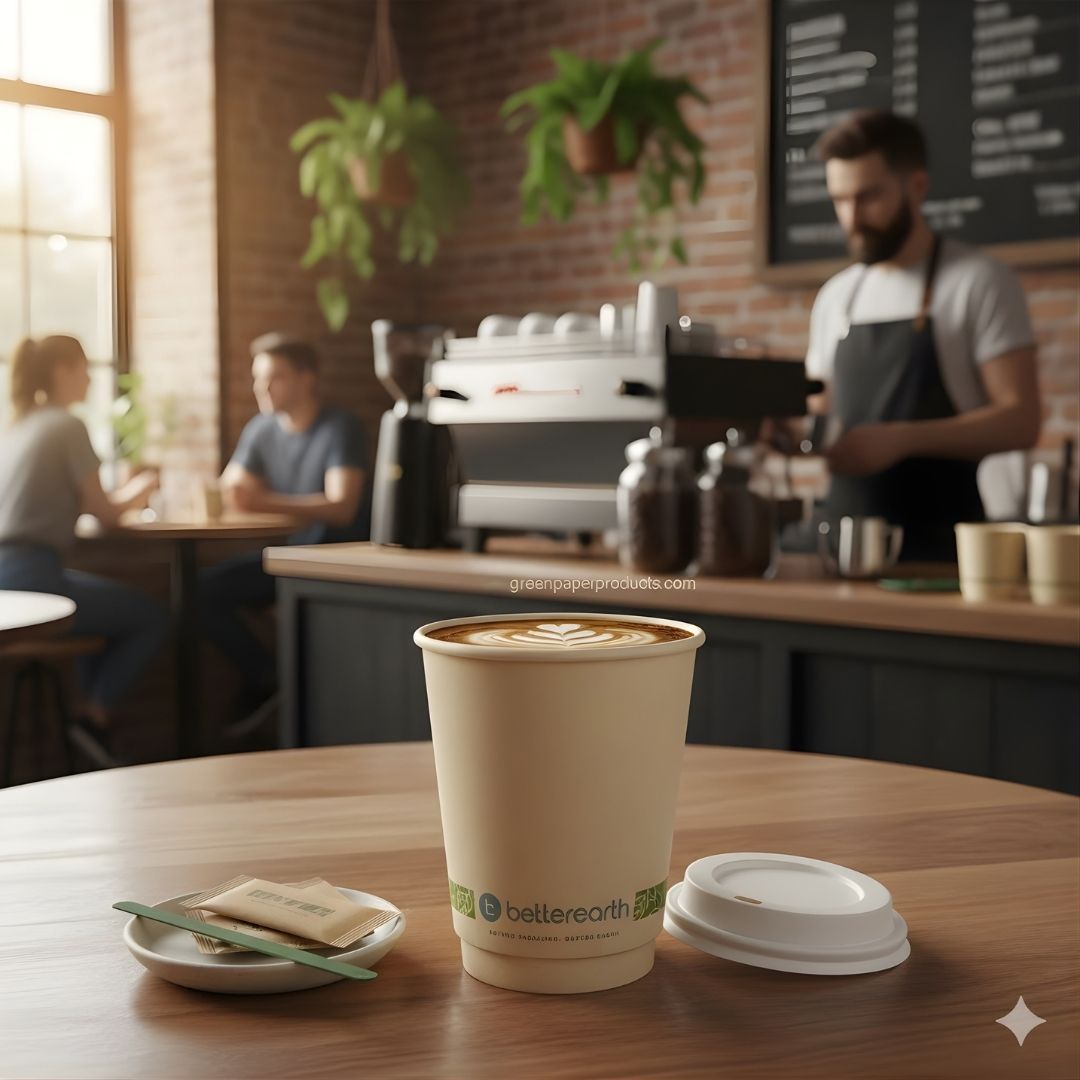 Cup of coffee with a visible brand logo on a wooden table in a coffee shop setting.