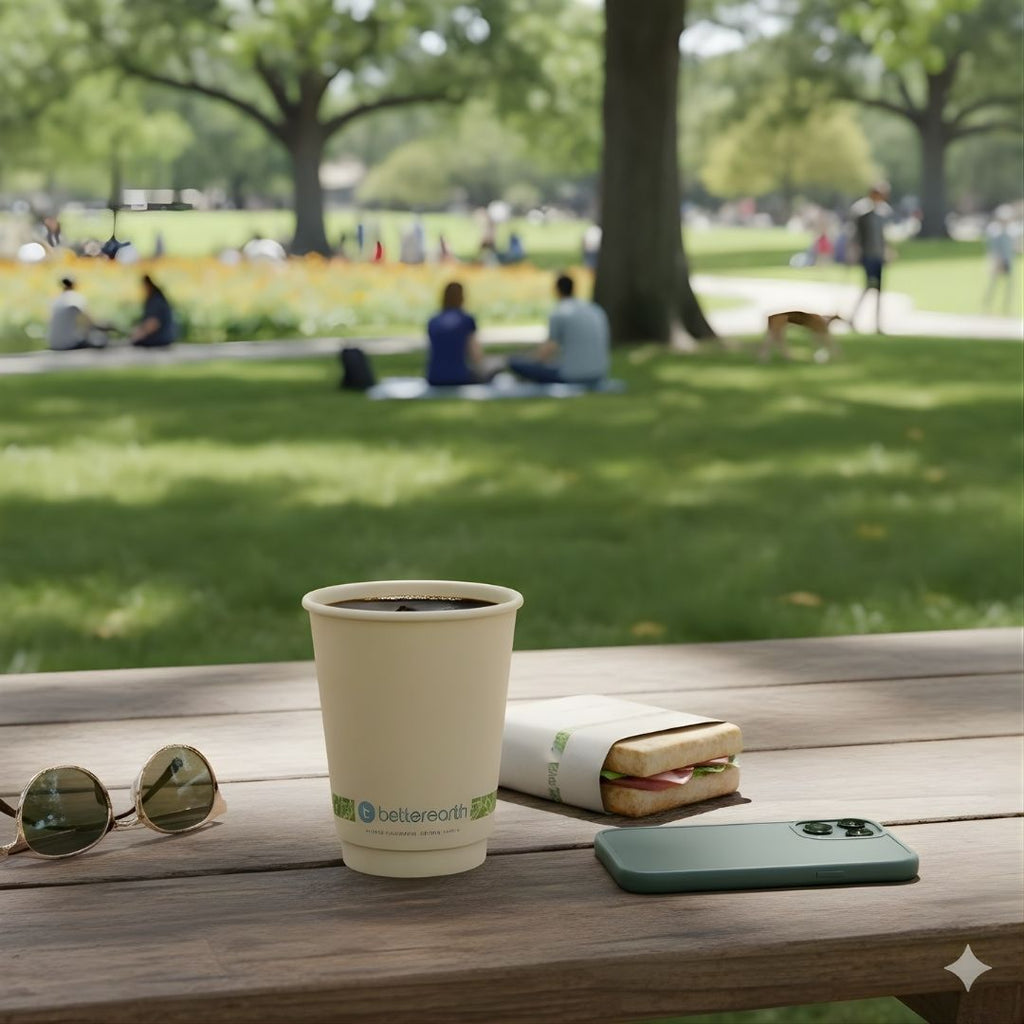 Cup of coffee on a wooden table with sunglasses, phone, and book in a park setting