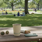 Cup of coffee on a wooden table with sunglasses, phone, and book in a park setting