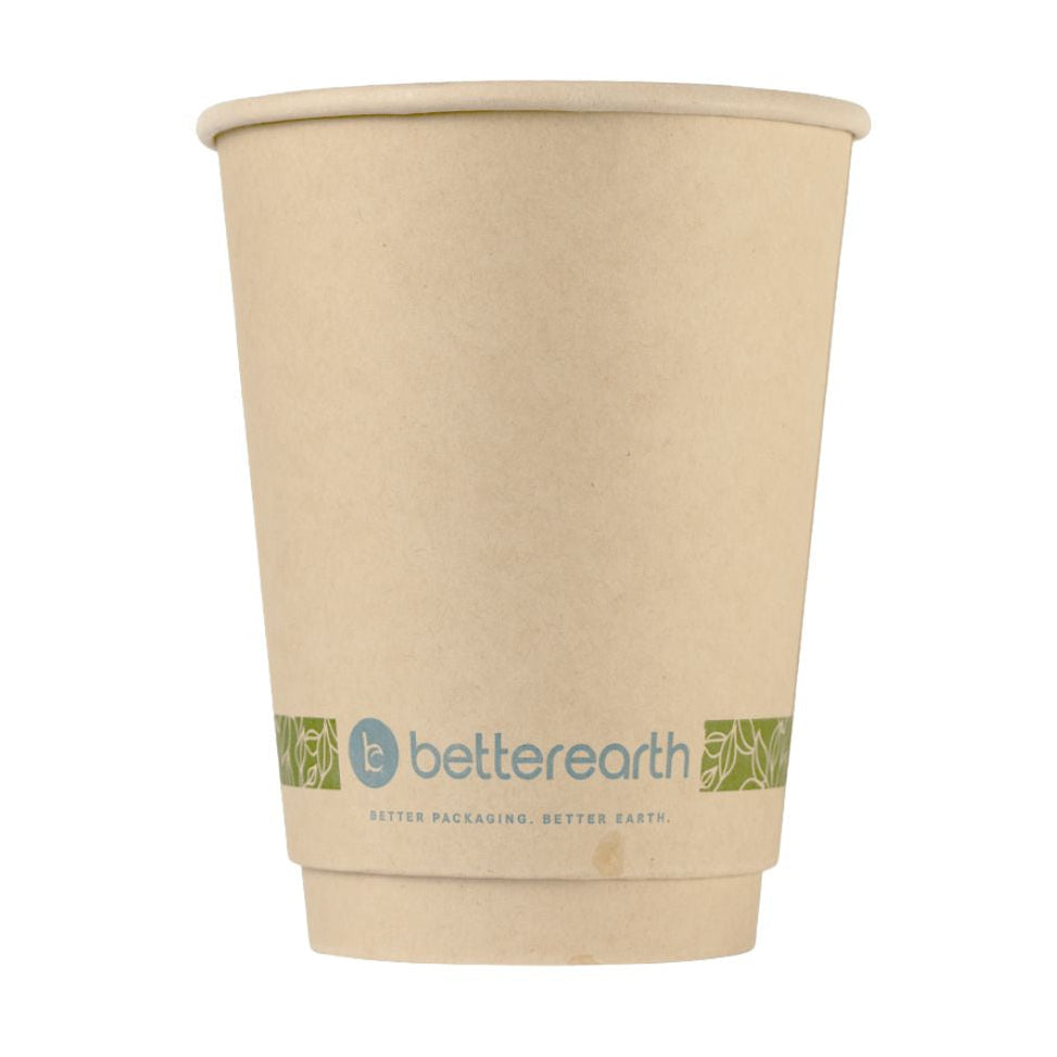 Compostable paper cup with 'betterearth' branding on a white background
