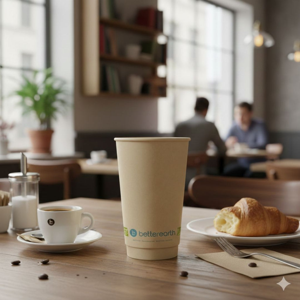 Coffee cup with 'betterearth' branding on a table with a croissant and coffee in a cafe setting.