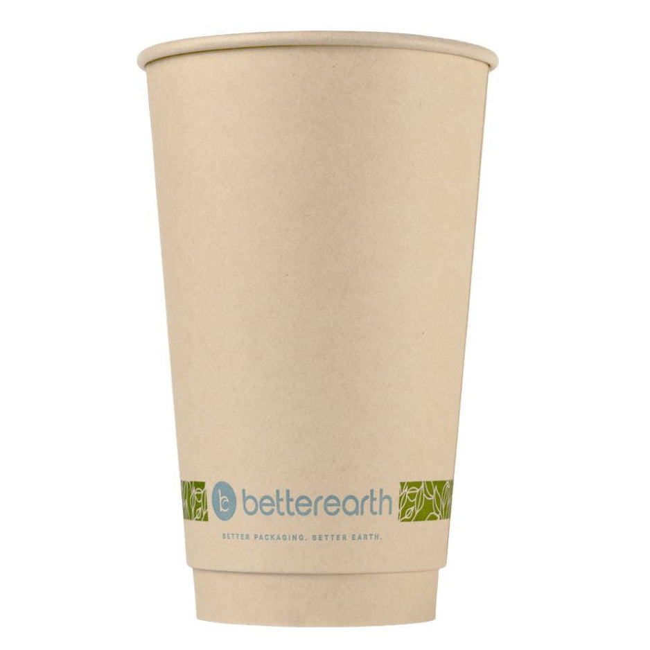 Compostable paper cup with 'betterearth' branding on a white background