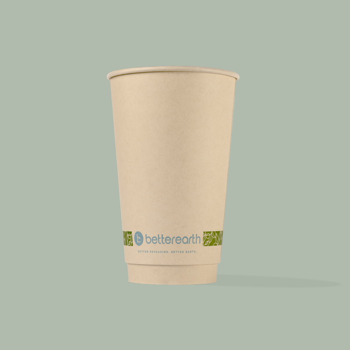 Beige paper cup with 'betterearth' logo on a light gray background