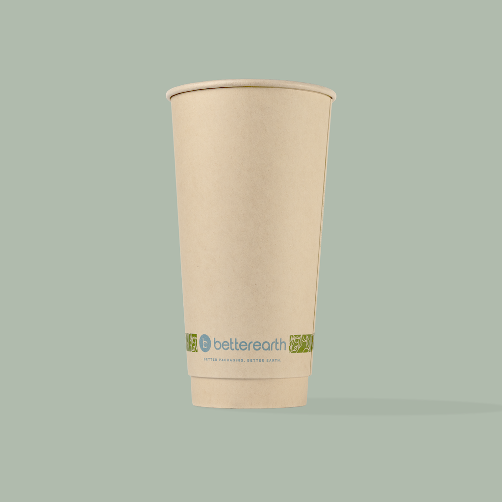 Compostable beige paper cup with 'betterearth' logo on a gray background