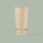 Compostable beige paper cup with 'betterearth' logo on a gray background
