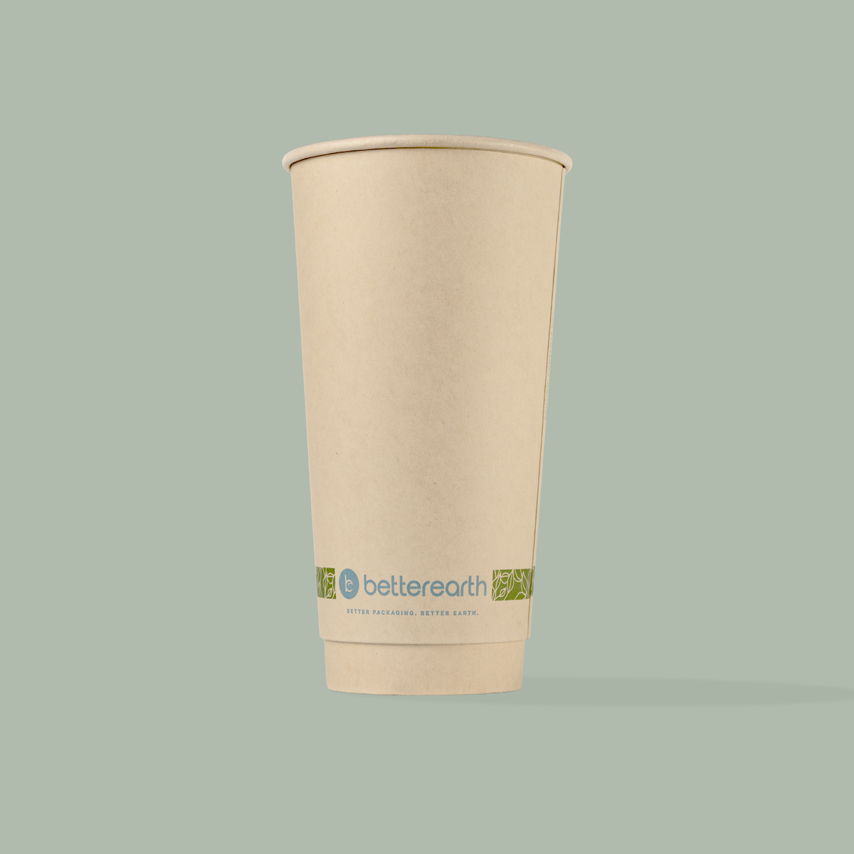 Compostable beige paper cup with 'betterearth' logo on a gray background