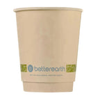 Beige paper cup with 'betterearth' logo on a white background