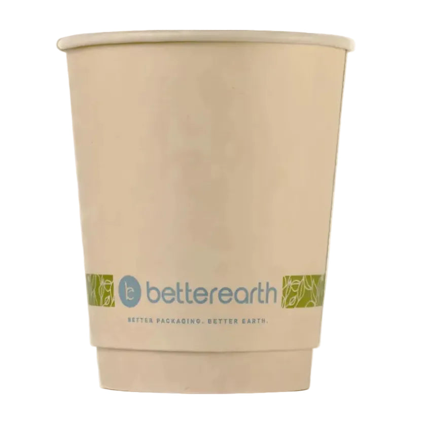 Beige paper cup with 'betterearth' logo on a white background