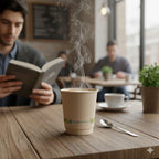 Person reading a book with a steaming coffee cup on a table in a cafe.
