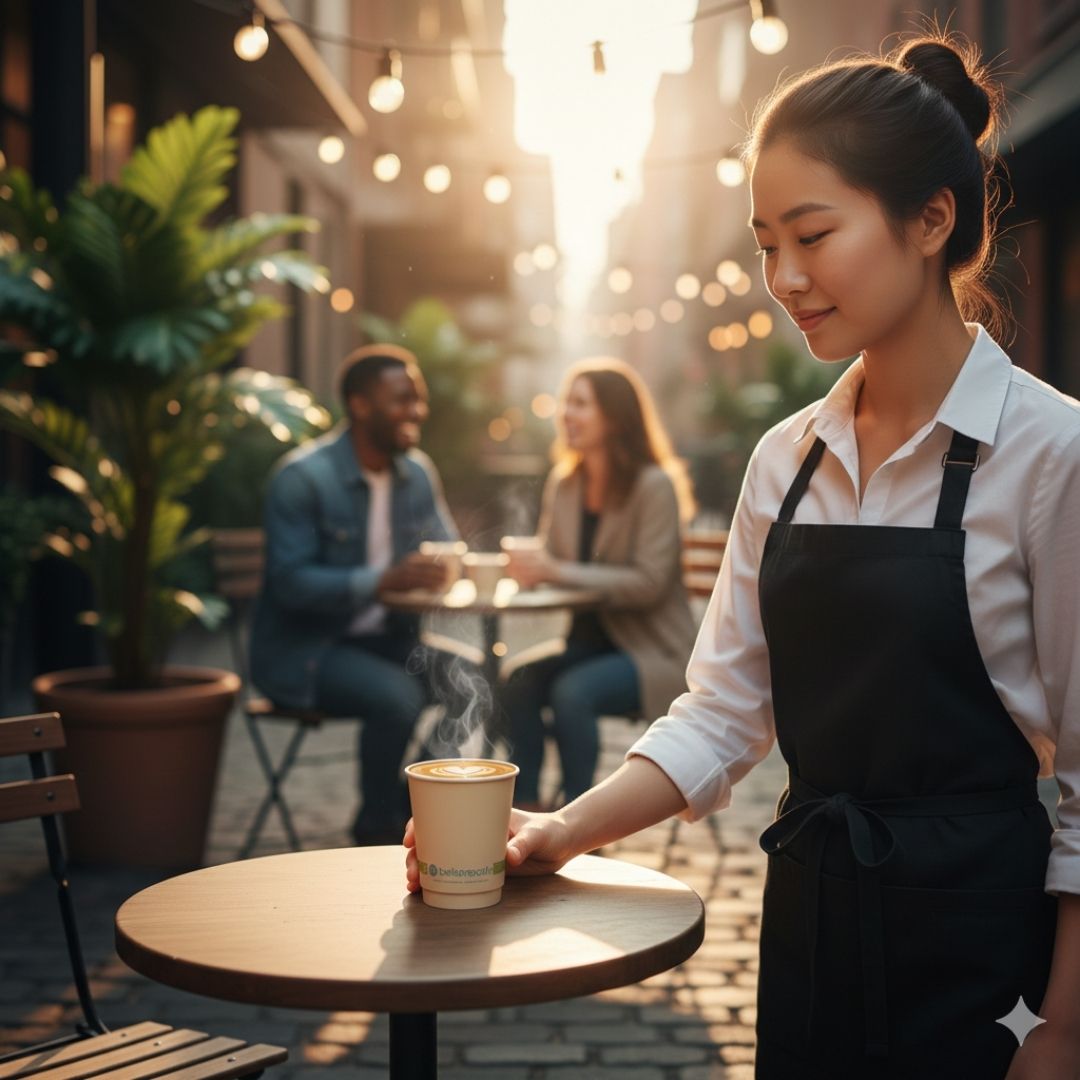 Waitress in an apron serving a coffee at an outdoor cafe with people in the background.