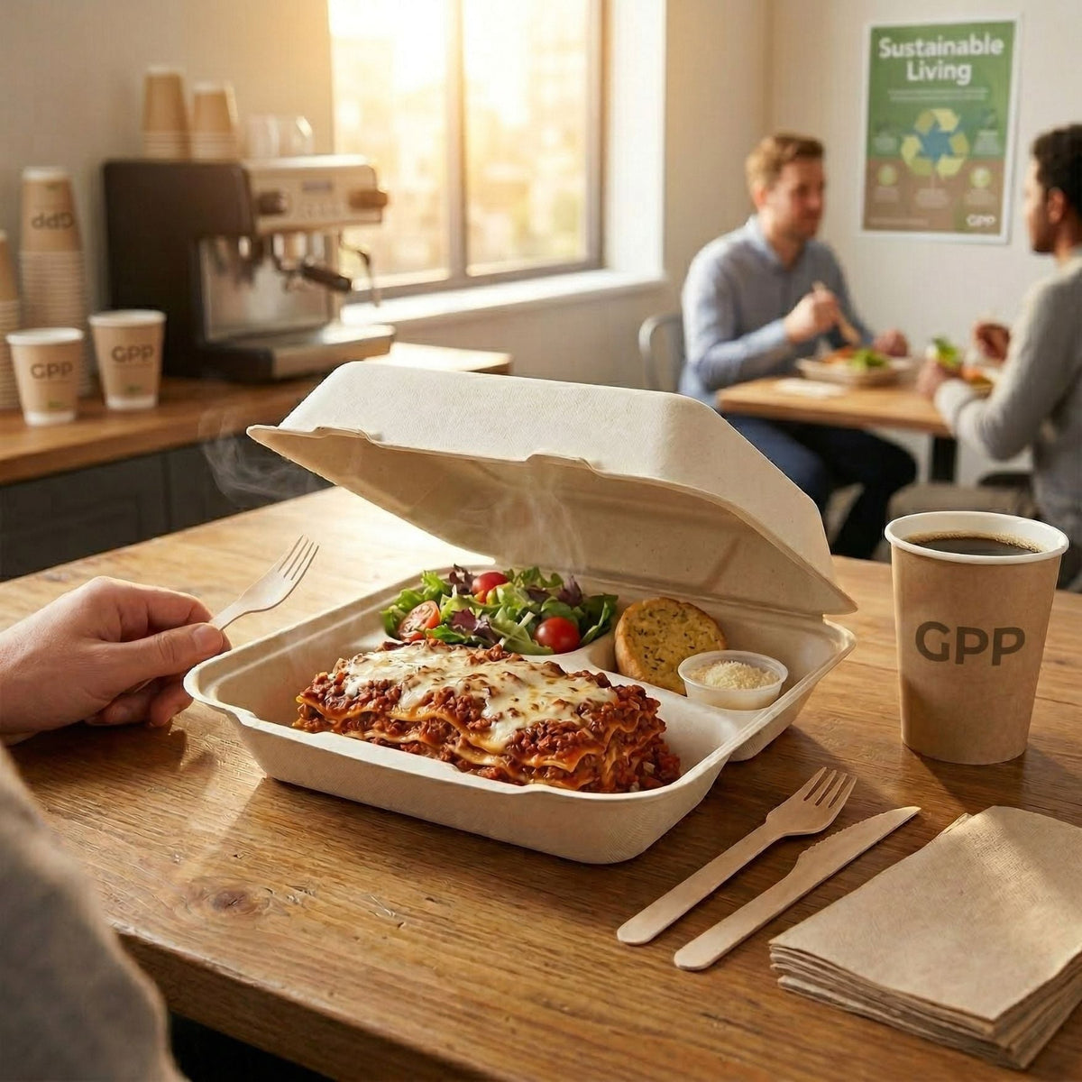 Takeout meal served in a fiber clamshell, with lasagna, salad, and bread, on a wooden table with a coffee cup in the foreground.