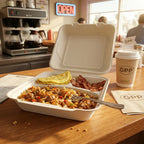Takeout container with breakfast food and a coffee cup on a table in a cafe.