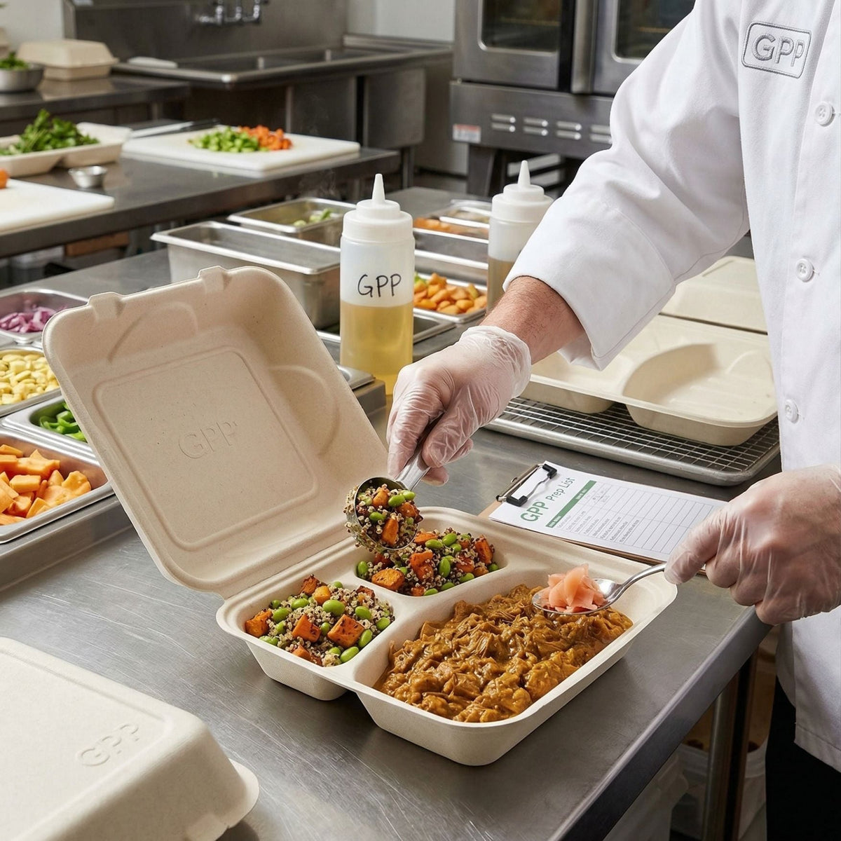 Person preparing food in a kitchen with compostable hinged clamshells and utensils.