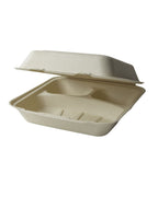 Compostable take-out container with hinged lid on a white background