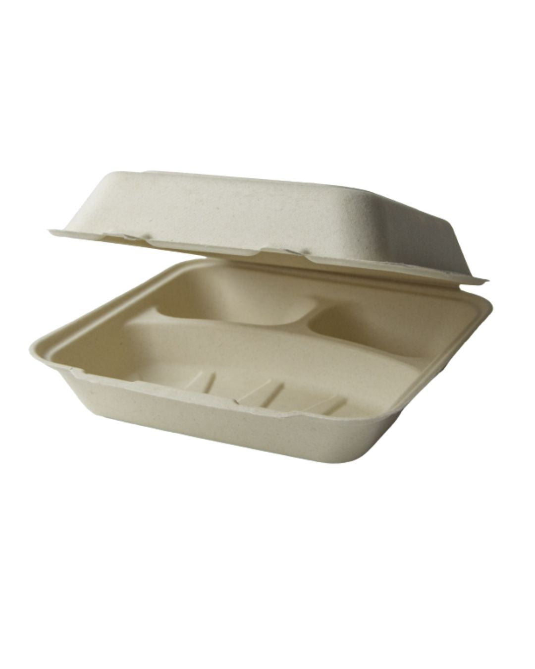 Compostable take-out container with hinged lid on a white background