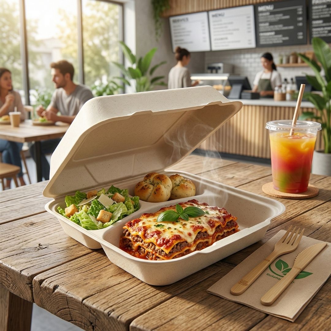Takeout clamshell with food on a wooden table in a restaurant setting