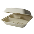 Beige compostable food container with lid on a white background