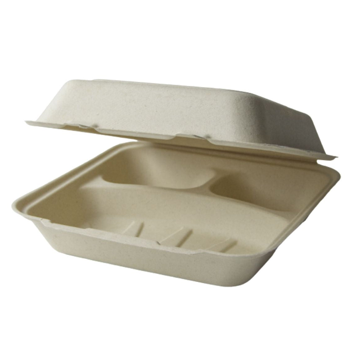 Beige compostable food container with lid on a white background
