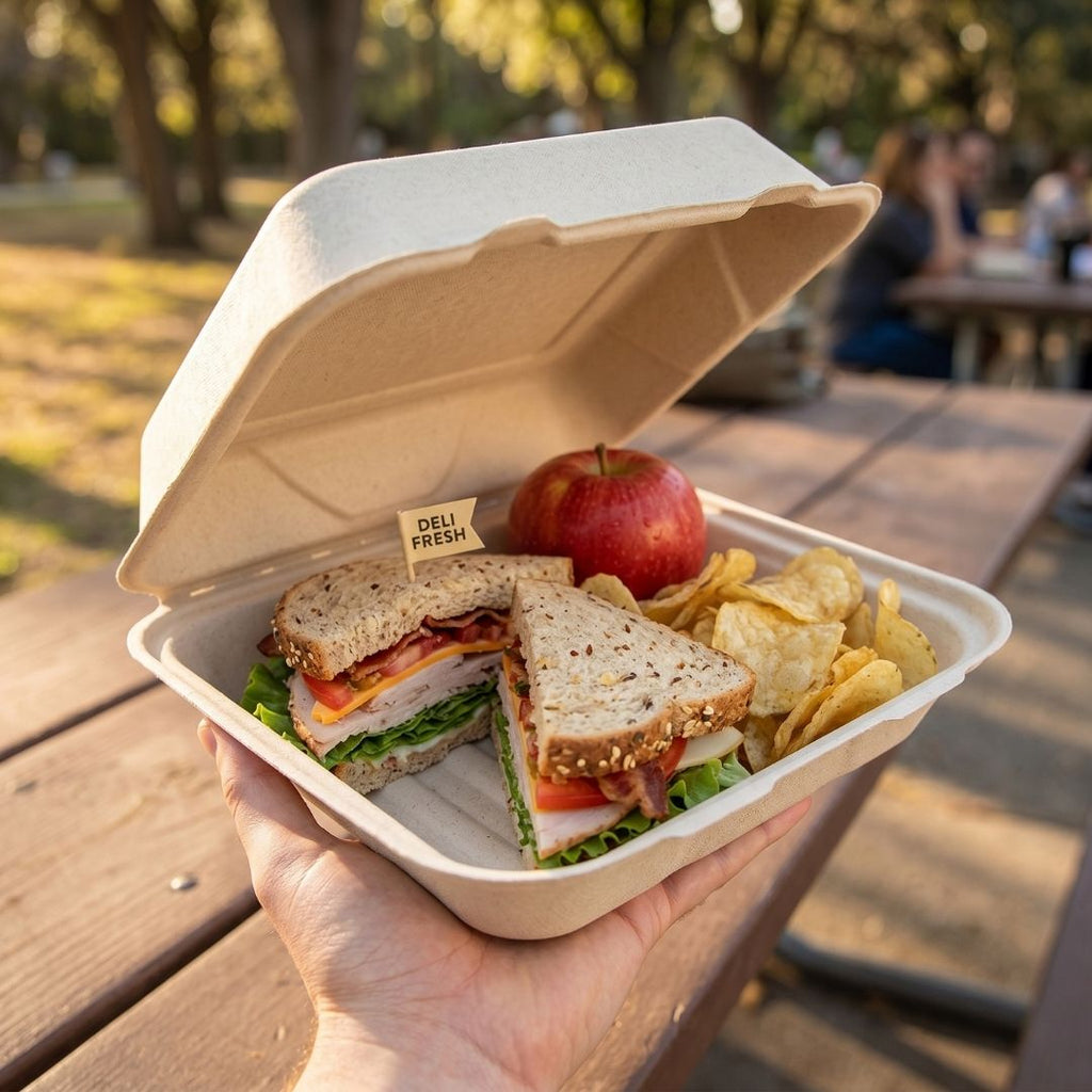 Hand holding a take-out container with a lid containing a sandwich, chips, and an apple on a wooden table outdoors.
