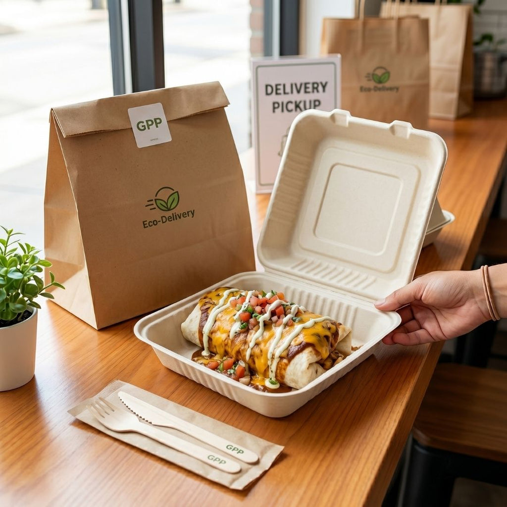 Open takeout clamshell with food on a wooden table, next to a brown paper bag with 'Eco-Delivery' branding.