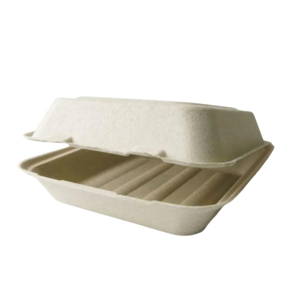 Compostable container with a hinged lid on a white background