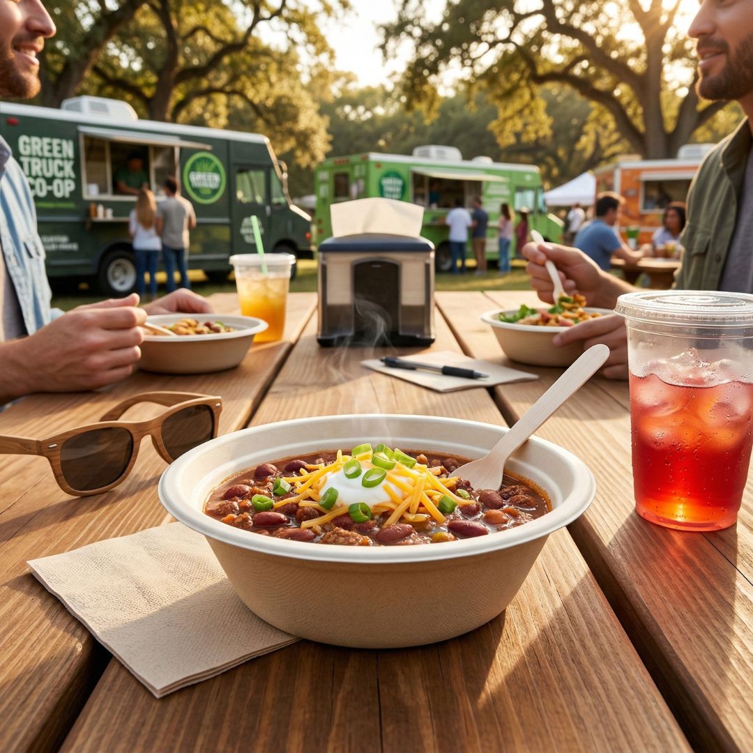 A fiber bowl containing chili at a food truck event with other trucks and people in the background.