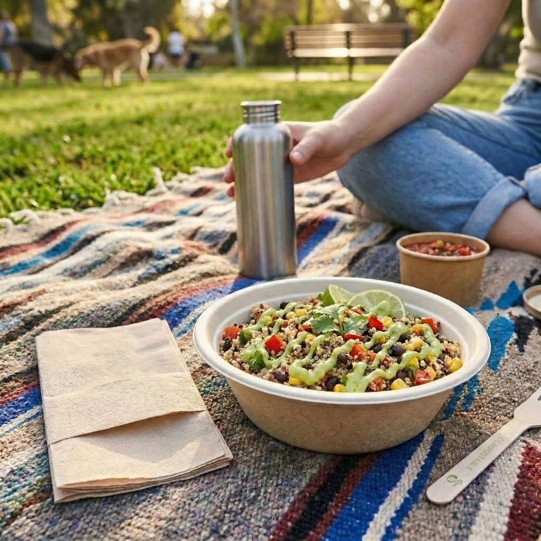 Person sitting on a blanket with a bowl of salad, thermos, and napkins outdoors.