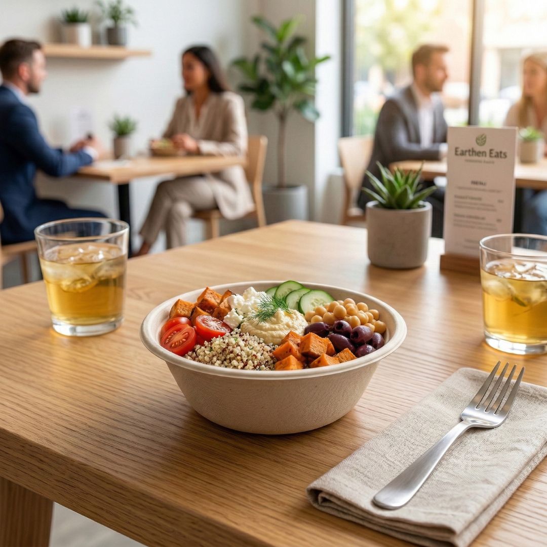 Bowl of salad with a glass of iced tea on a table in a restaurant setting
