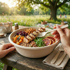 Person holding a fork over a disposable bowl of salad with grilled chicken and vegetables in a park setting
