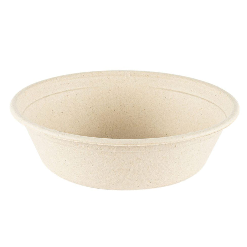 A compostable round bowl made from plant fiber, with a textured surface, suitable for serving food.
