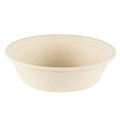 A compostable round bowl made from plant fiber, with a textured surface, suitable for serving food.