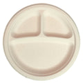 Beige disposable plate with three compartments on a white background