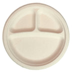 Beige disposable plate with three compartments on a white background