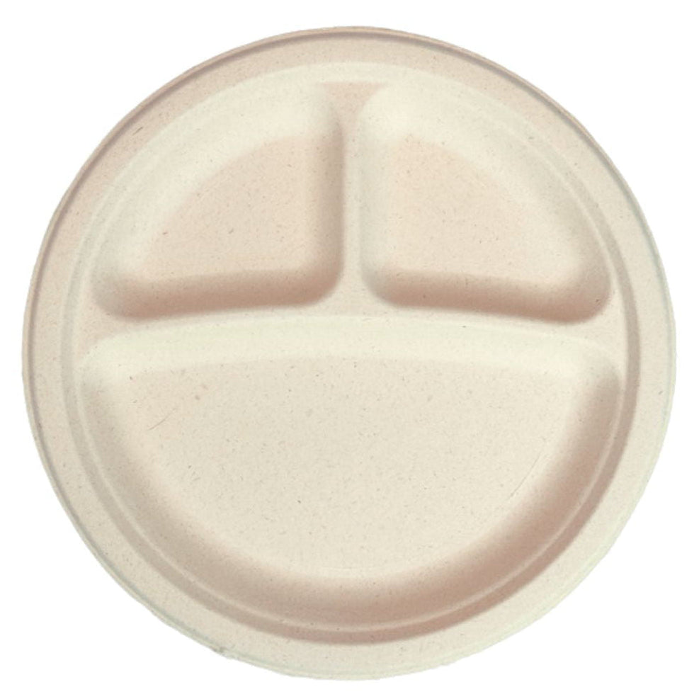 Beige disposable plate with three compartments on a white background